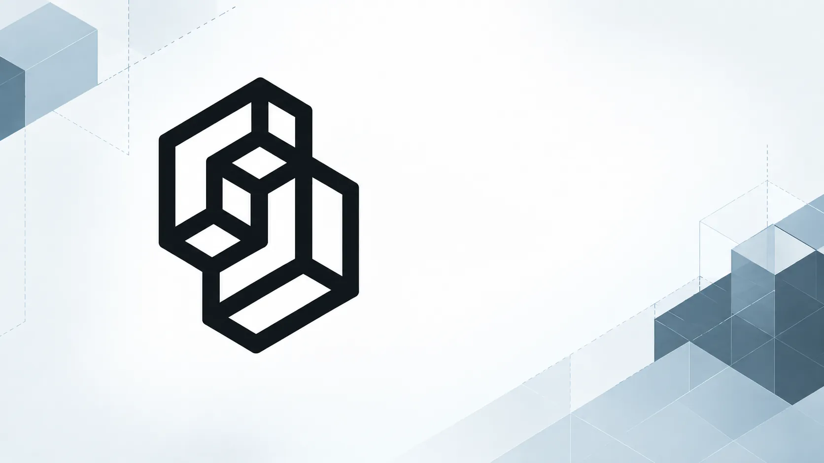 An abstract interlocking geometric mark on a pale background of translucent cubes.